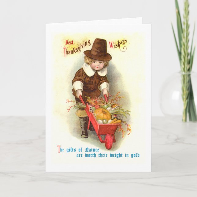 Pilgrim Boy Vintage Thanksgiving Illustration Holiday Card (Front)