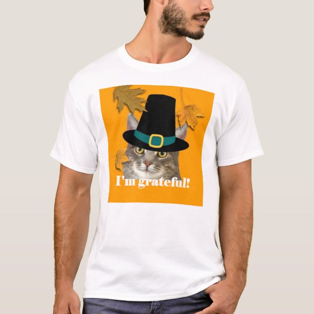 Pilgrim Cat is grateful for blessings! T-Shirt (Front)