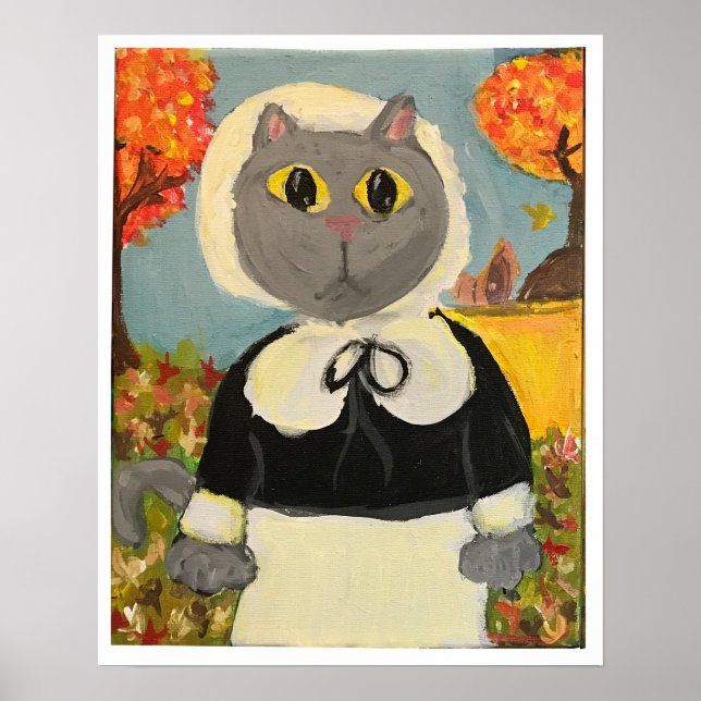 Pilgrim Cat Thanksgiving Girl Painting Folk Art  Poster (Front)