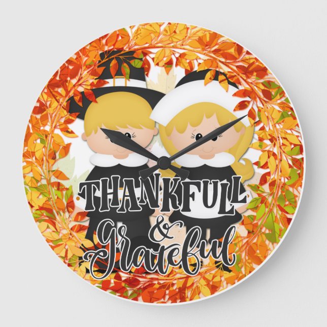 Pilgrim Couple - Thankful & Grateful Large Clock (Front)