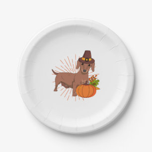 Pilgrim dachshund pumpkin leaves Thanksgiving Paper Plate