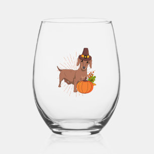 Pilgrim dachshund pumpkin leaves Thanksgiving Stemless Wine Glass