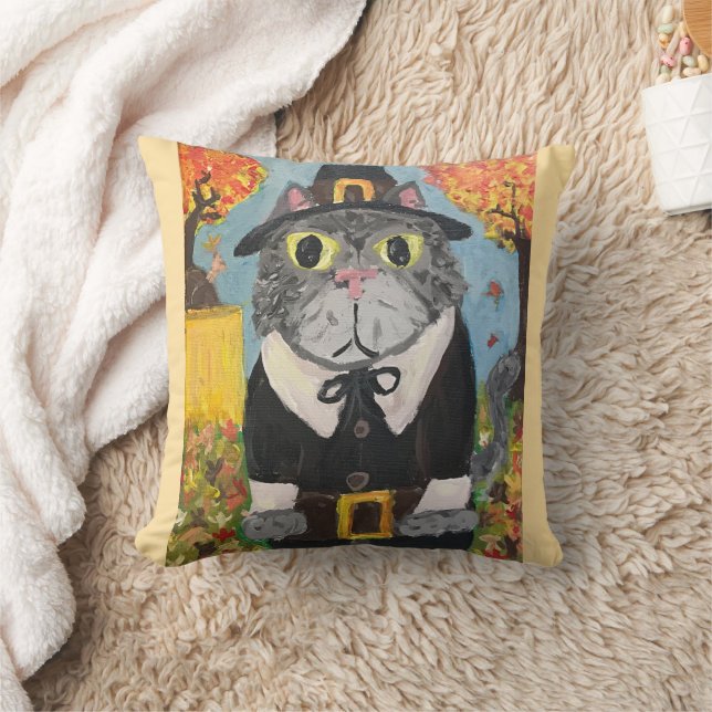 Pilgrim Folk Art Thanksgiving Cats Double Side Cushion (Blanket)