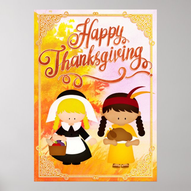 Pilgrim Girl & Native Girl - Happy Thanksgiving Poster (Front)