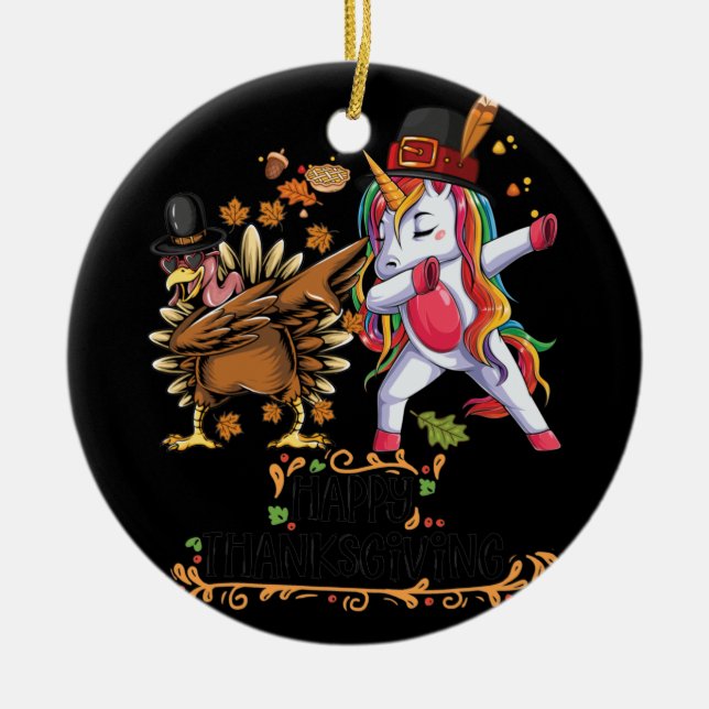 Pilgrim Hat Turkey Unicorn Dabbing Thanksgiving Ceramic Tree Decoration (Front)
