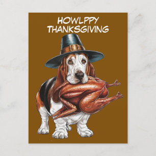 pilgrim hat wearing basset hound thanksgiving postcard