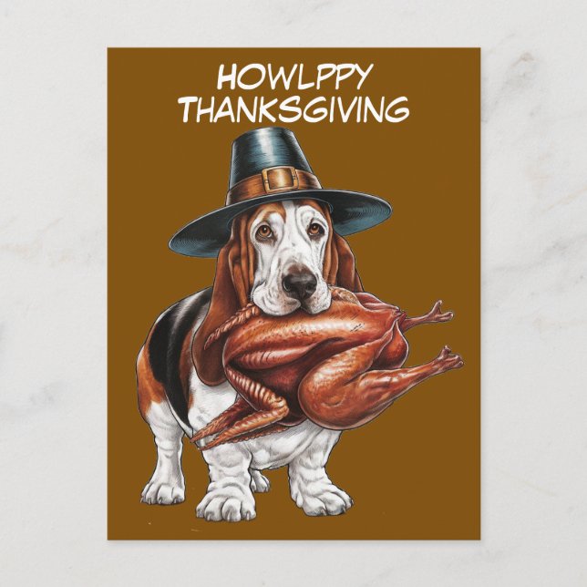 pilgrim hat wearing basset hound thanksgiving postcard (Front)