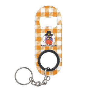 Pilgrim Owl on Orange Plaid - Happy Thanksgiving