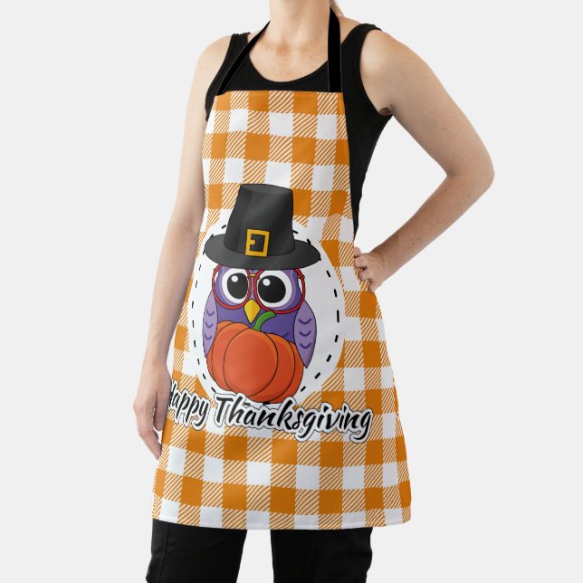 Pilgrim Owl on Orange Plaid - Happy Thanksgiving Apron (Insitu)