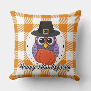 Pilgrim Owl on Orange Plaid - Happy Thanksgiving Cushion