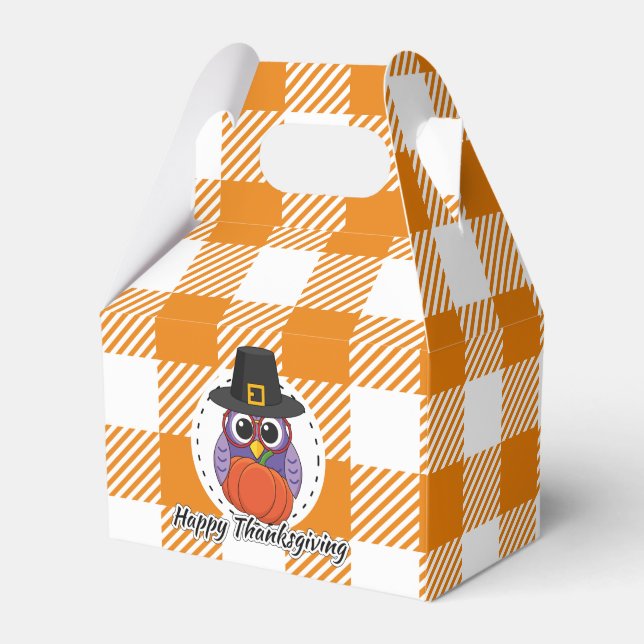 Pilgrim Owl on Orange Plaid - Happy Thanksgiving Favour Box (Front Side)