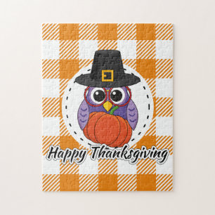 Pilgrim Owl on Orange Plaid - Happy Thanksgiving Jigsaw Puzzle