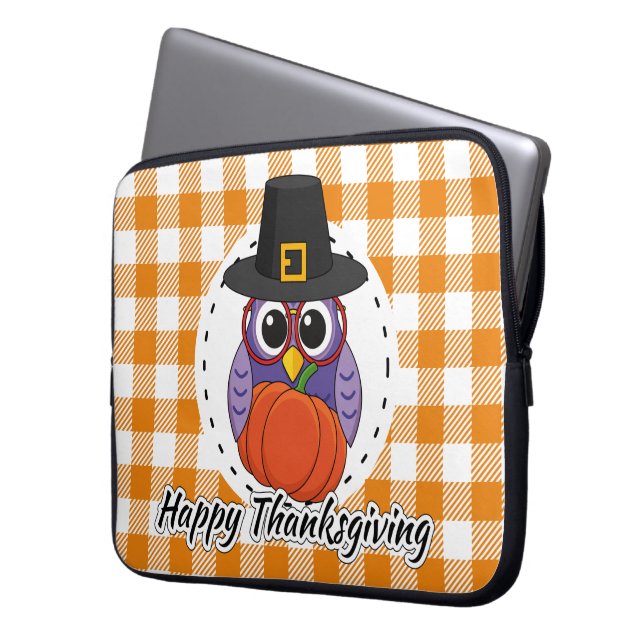 Pilgrim Owl on Orange Plaid - Happy Thanksgiving Laptop Sleeve (Front Left)