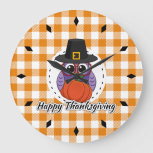 Pilgrim Owl on Orange Plaid - Happy Thanksgiving Large Clock