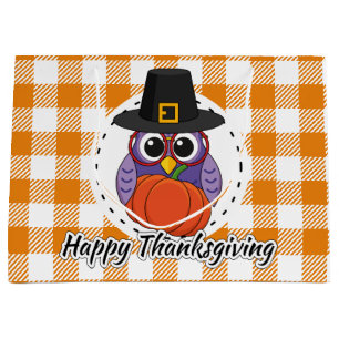 Pilgrim Owl on Orange Plaid - Happy Thanksgiving Large Gift Bag