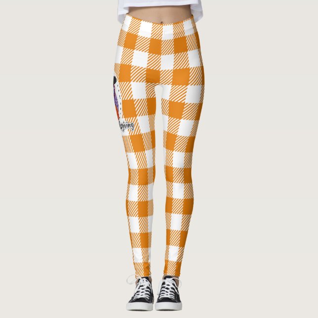 Pilgrim Owl on Orange Plaid - Happy Thanksgiving Leggings (Front)