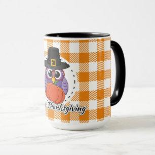 Pilgrim Owl on Orange Plaid - Happy Thanksgiving Mug