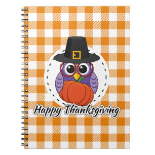 Pilgrim Owl on Orange Plaid - Happy Thanksgiving Notebook