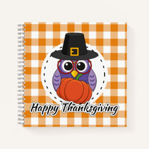 Pilgrim Owl on Orange Plaid - Happy Thanksgiving Notebook