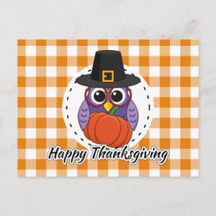Pilgrim Owl on Orange Plaid - Happy Thanksgiving Postcard
