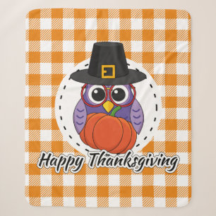 Pilgrim Owl on Orange Plaid - Happy Thanksgiving Sherpa Blanket