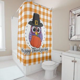 Pilgrim Owl on Orange Plaid - Happy Thanksgiving Shower Curtain