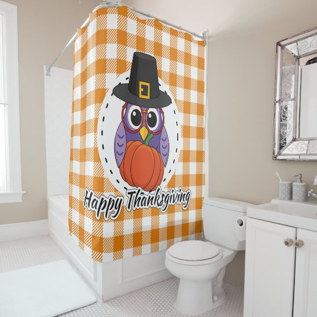 Pilgrim Owl on Orange Plaid - Happy Thanksgiving Shower Curtain (In Situ)