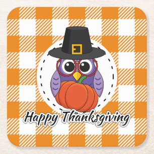 Pilgrim Owl on Orange Plaid - Happy Thanksgiving Square Paper Coaster