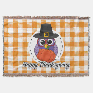 Pilgrim Owl on Orange Plaid - Happy Thanksgiving Throw Blanket