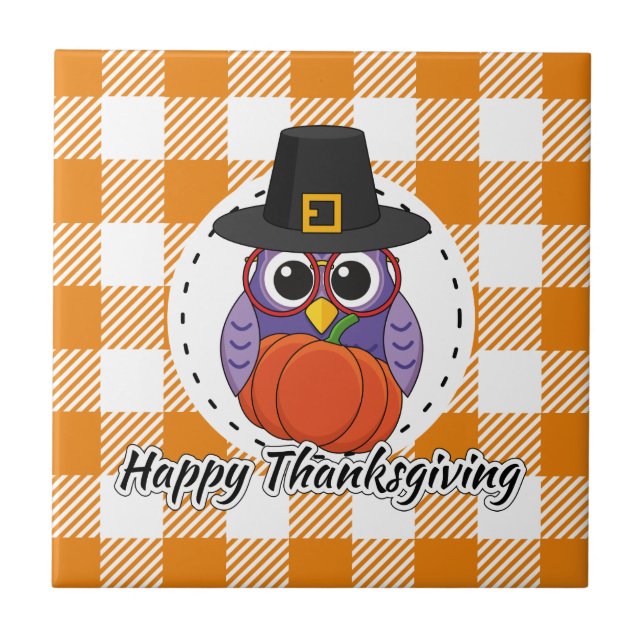 Pilgrim Owl on Orange Plaid - Happy Thanksgiving Tile (Front)