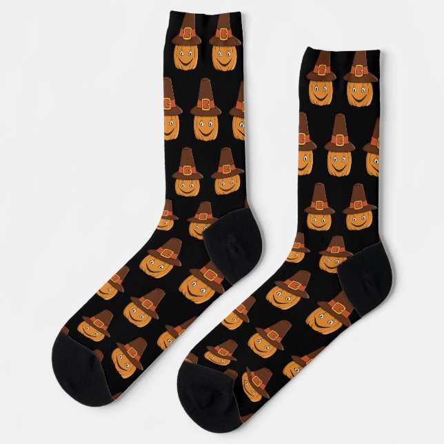 Pilgrim Pumpkin Grin Thanksgiving Socks (Left)