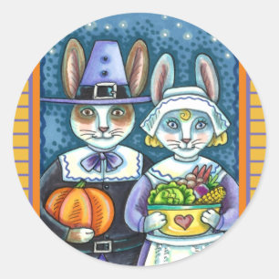 PILGRIM RABBITS, THANKSGIVING HARE'S HARVEST, CUTE CLASSIC ROUND STICKER