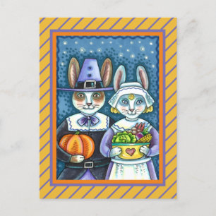 PILGRIM RABBITS, THANKSGIVING HARE'S HARVEST, CUTE POSTCARD