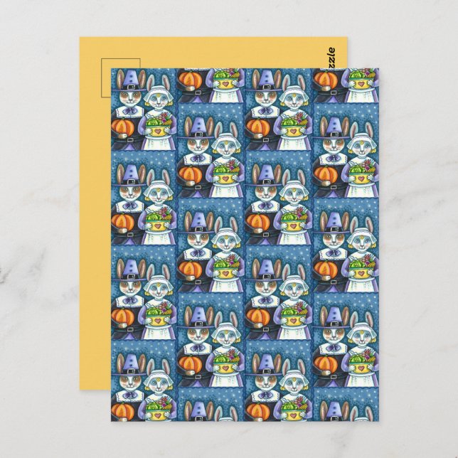 PILGRIM RABBITS, THANKSGIVING HARE'S HARVEST, CUTE POSTCARD (Front/Back)