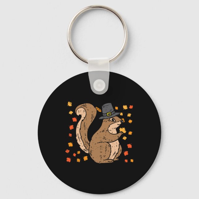 Pilgrim Squirrel Cute Thanksgiving Fall Autumn Ani Key Ring (Front)