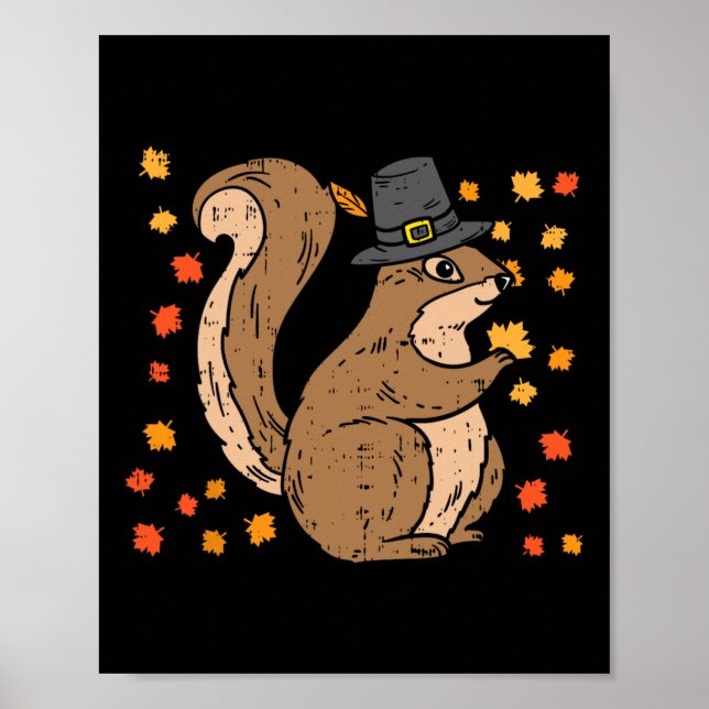 Pilgrim Squirrel Cute Thanksgiving Fall Autumn Ani Poster (Front)