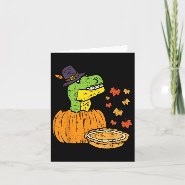 Pilgrim Trex Dinosaur Pumpkin Pie Thanksgiving Kid Card (Front)