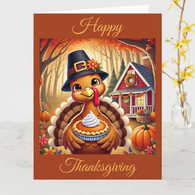 Pilgrim Turkey with Pumpkin Pie on Thanksgiving Card (Yellow Flower)