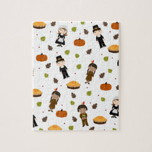 Pilgrims and Indians pattern - Thanksgiving Jigsaw Puzzle