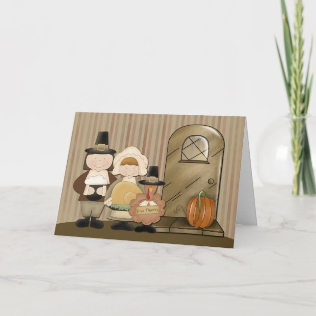 Pilgrims and Turkey, Thanksgiving Holiday Card (Front)
