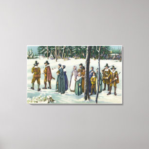Pilgrims Going to Church in the Snow Scene Canvas Print