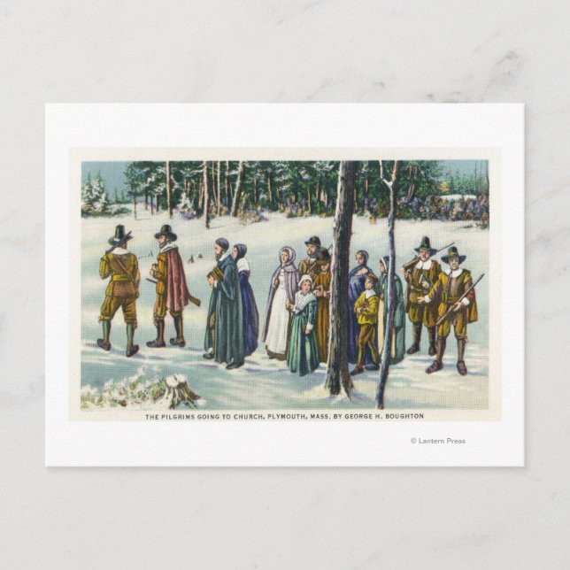 Pilgrims Going to Church in the Snow Scene Postcard (Front)