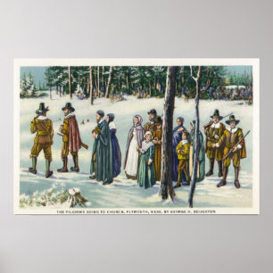 Pilgrims Going to Church in the Snow Scene Poster