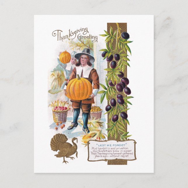 Pilgrims, Plums and Pumpkins Vintage Thanksgiving Holiday Postcard (Front)