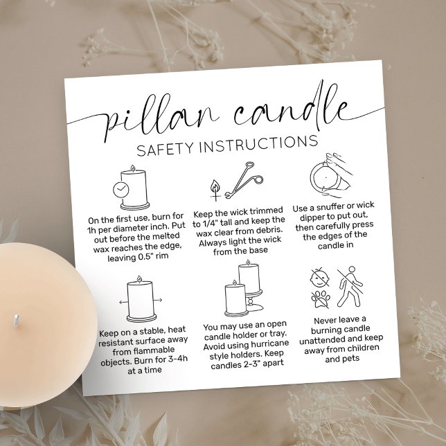 Pillar Candle Care Thank You Card Elegant Black (Pillar candle safety instructions cards with care icons, modern layout and space for your logo)