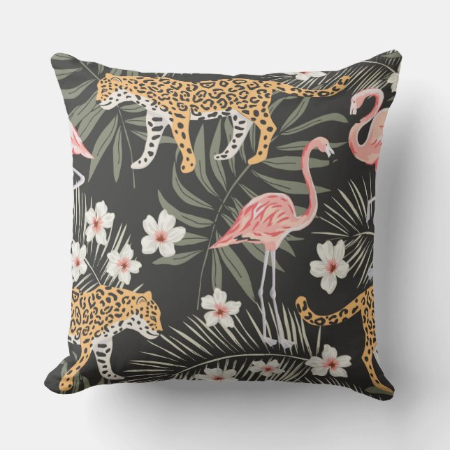 Pillow Black Tropical Tiger Flamingo Black/Pink (Front)