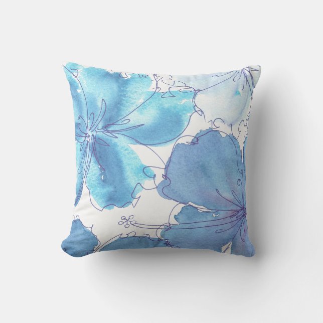 Pillow - Blue Hibiscus Flower - Watercolor (Front)