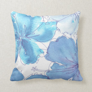 Pillow - Blue Hibiscus Flower - Watercolor