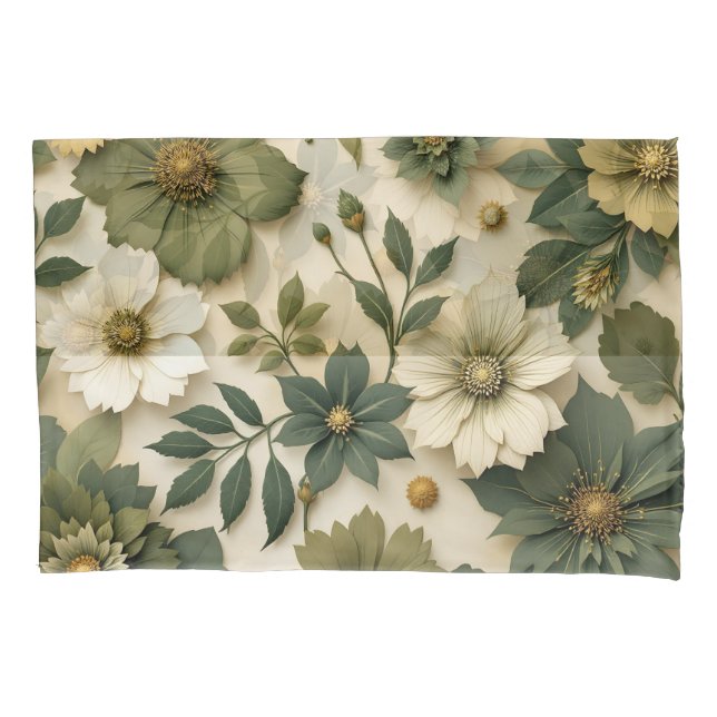 Pillow case green flowers pattern  (Front-Left)
