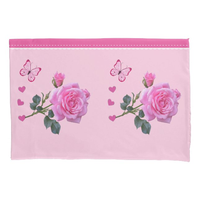 Pillow Case Pink Rose Floral Butterfly Hearts (Front)